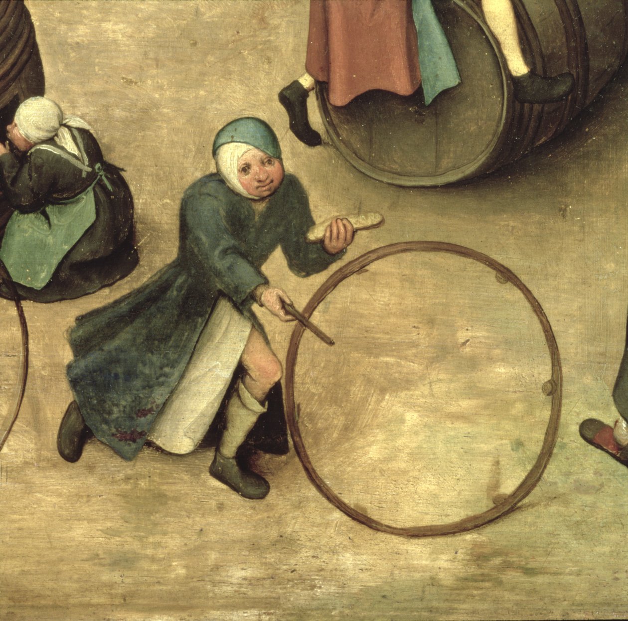 Gry dla dzieci (Kinderspiele): fragment dziecka z kijem i obręczą, 1560 (detal 68945) autorstwa Pieter Bruegel the Elder