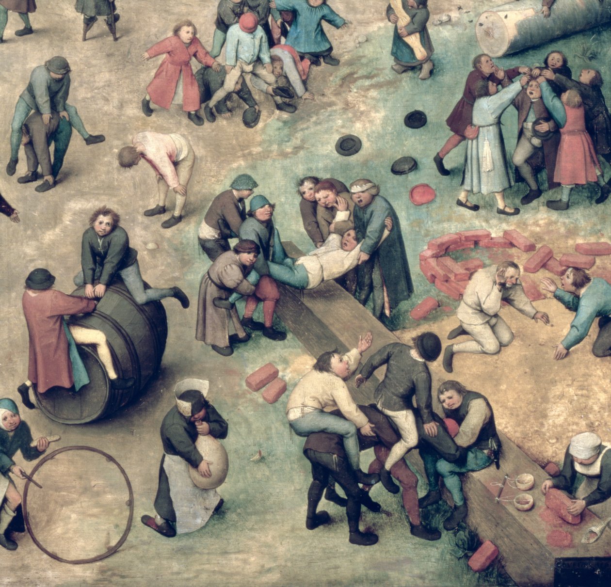 Gry dla dzieci (Kinderspiele): fragment prawego dolnego rogu przedstawiający dzieci bawiące się klockami, obręczami i beczką, 1560 (detal 68945) autorstwa Pieter Bruegel the Elder