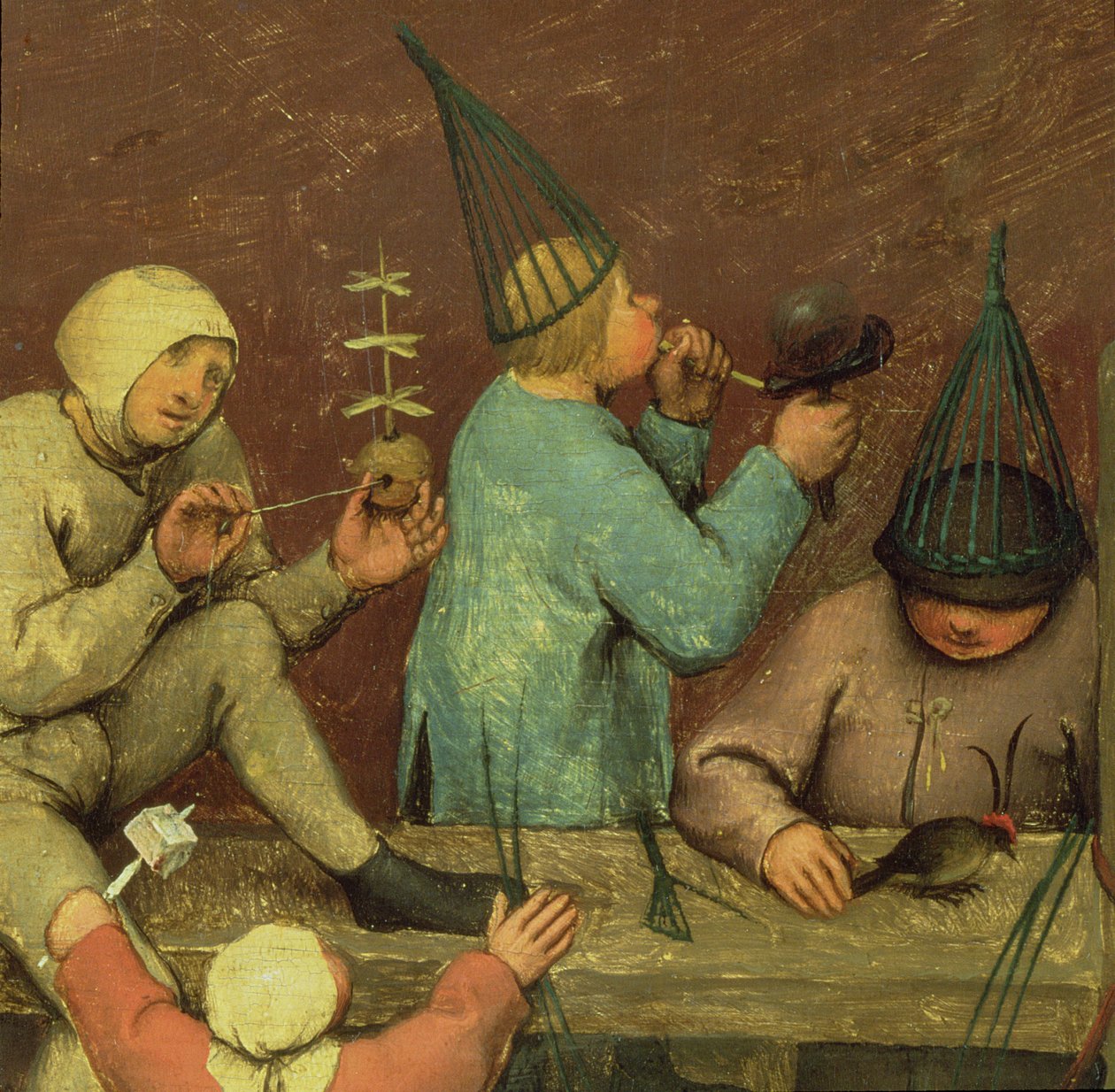 Gry dla dzieci (Kinderspiele): fragment po lewej stronie przedstawiający dzieci robiące zabawki i puszczające bańki, 1560 (detal 68945) autorstwa Pieter Bruegel the Elder