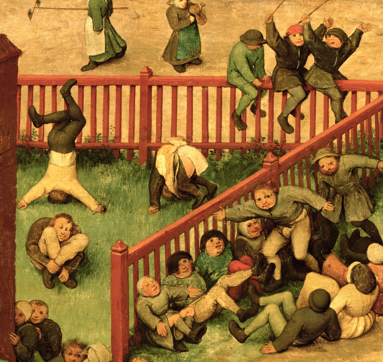 Gry dla dzieci (Kinderspiele): fragment po lewej stronie przedstawiający dzieci biegające rękawicą, uprawiające gimnastykę i balansujące na płocie, 1560 (detal 68945) autorstwa Pieter Bruegel the Elder