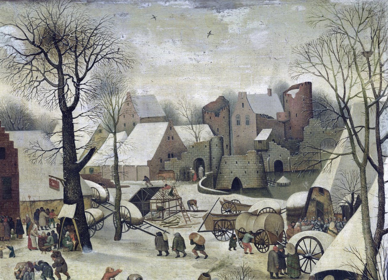Spis ludności w Betlejem, szczegóły domów i fortyfikacji autorstwa Pieter Bruegel the Elder