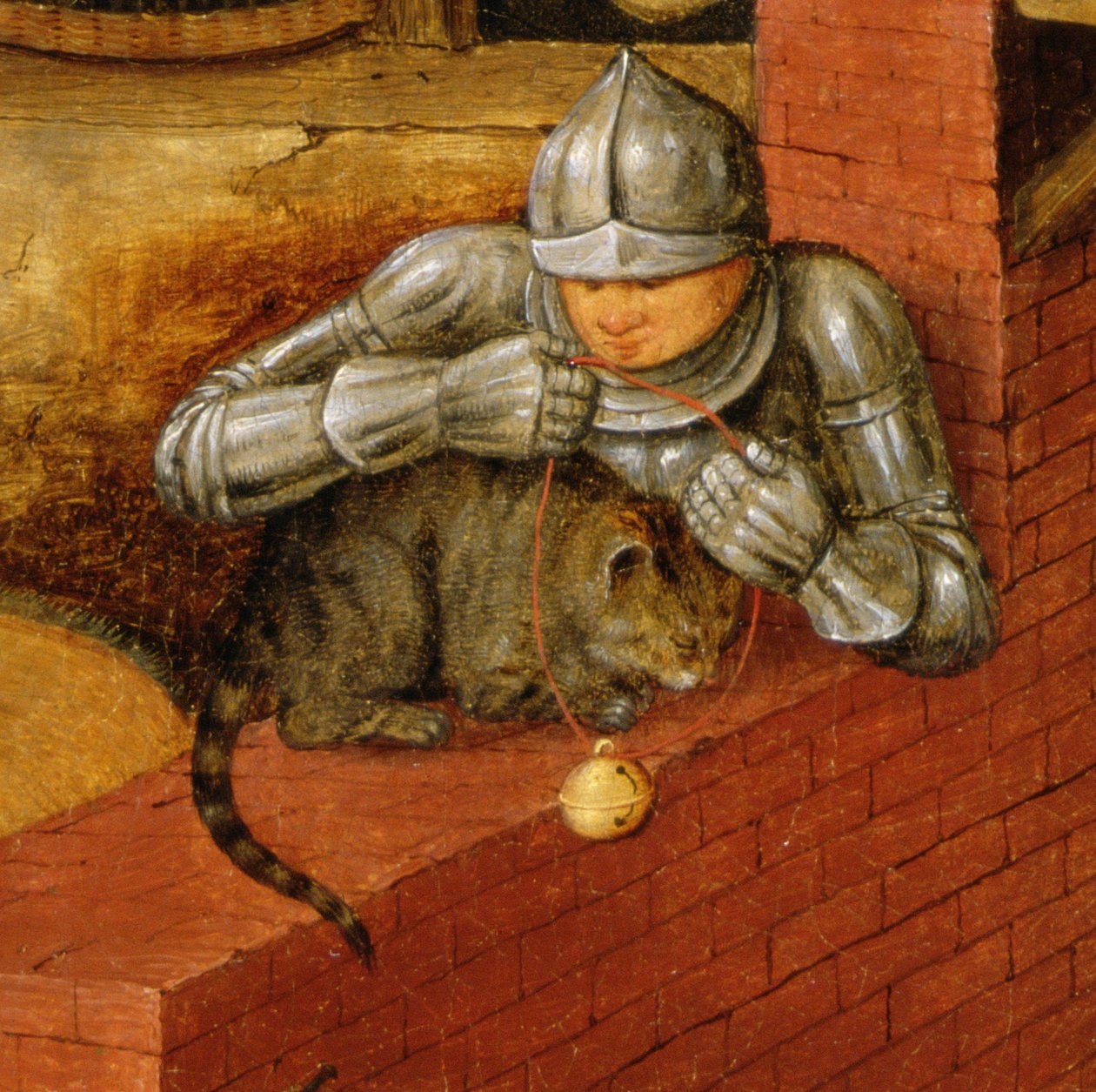 Rycerz zakładający dzwonek na kota, fragment z „Przysłów flamandzkich” (fragment 67235) autorstwa Pieter Brueghel the Younger