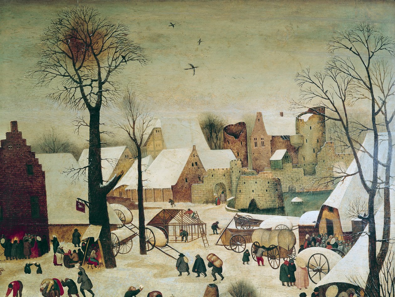 Spis ludności w Betlejem, szczegóły domów i fortyfikacji autorstwa Pieter Brueghel the Younger