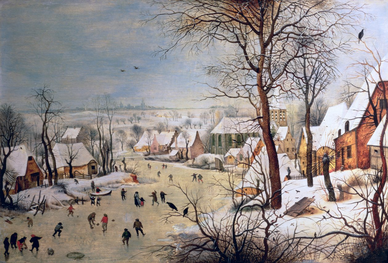 Zimowy krajobraz z pułapką na ptaki, 1601 autorstwa Pieter Brueghel the Younger