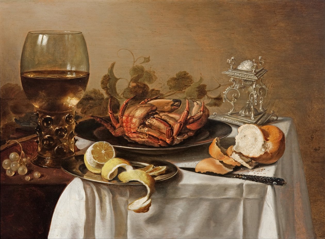 Martwa natura z rumiankiem, krabem i obraną cytryną autorstwa Pieter Claesz