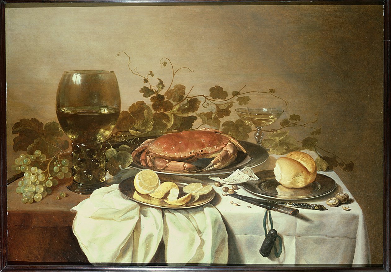 Śniadaniowa martwa natura z roemerem i krabem autorstwa Pieter Claesz
