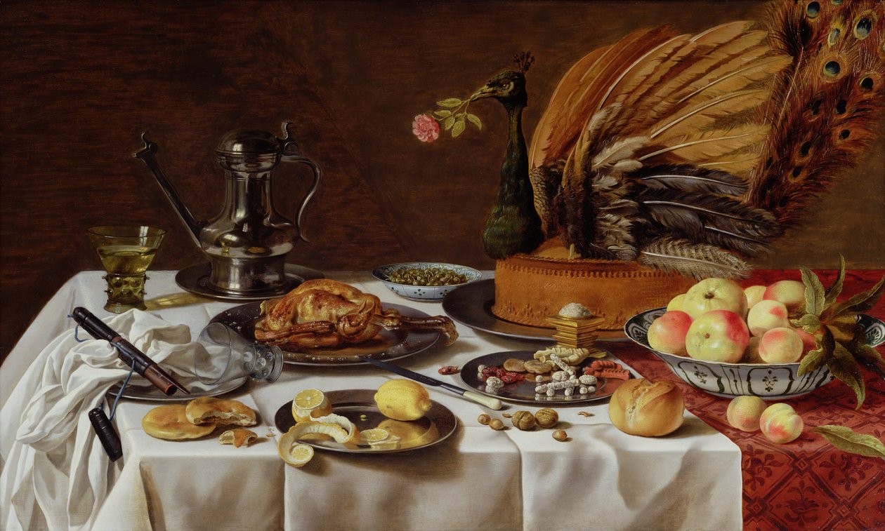Martwa natura z pawim ciastem, 1627 autorstwa Pieter Claesz