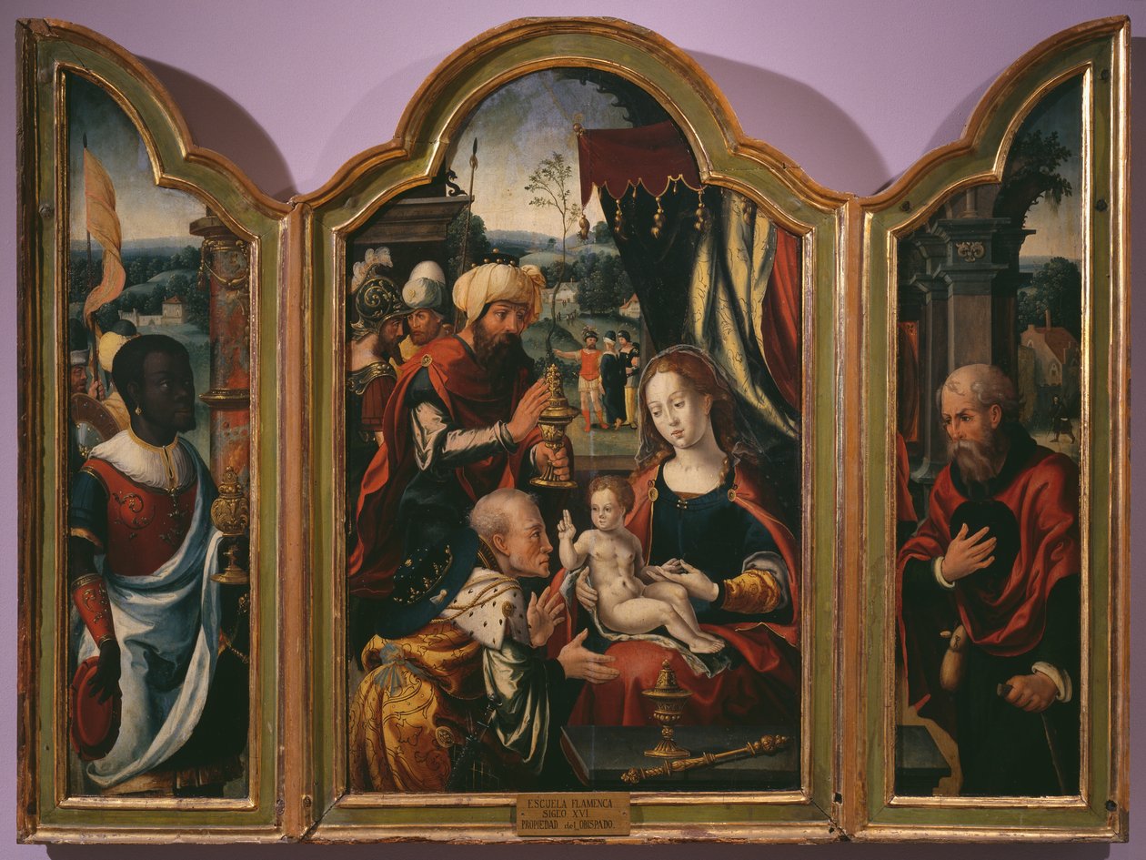 Adoracja Trzech Króli, Tryptyk Objawienia Pańskiego, ok. 1540 (patrz także 345853) autorstwa Pieter Coecke van Aelst