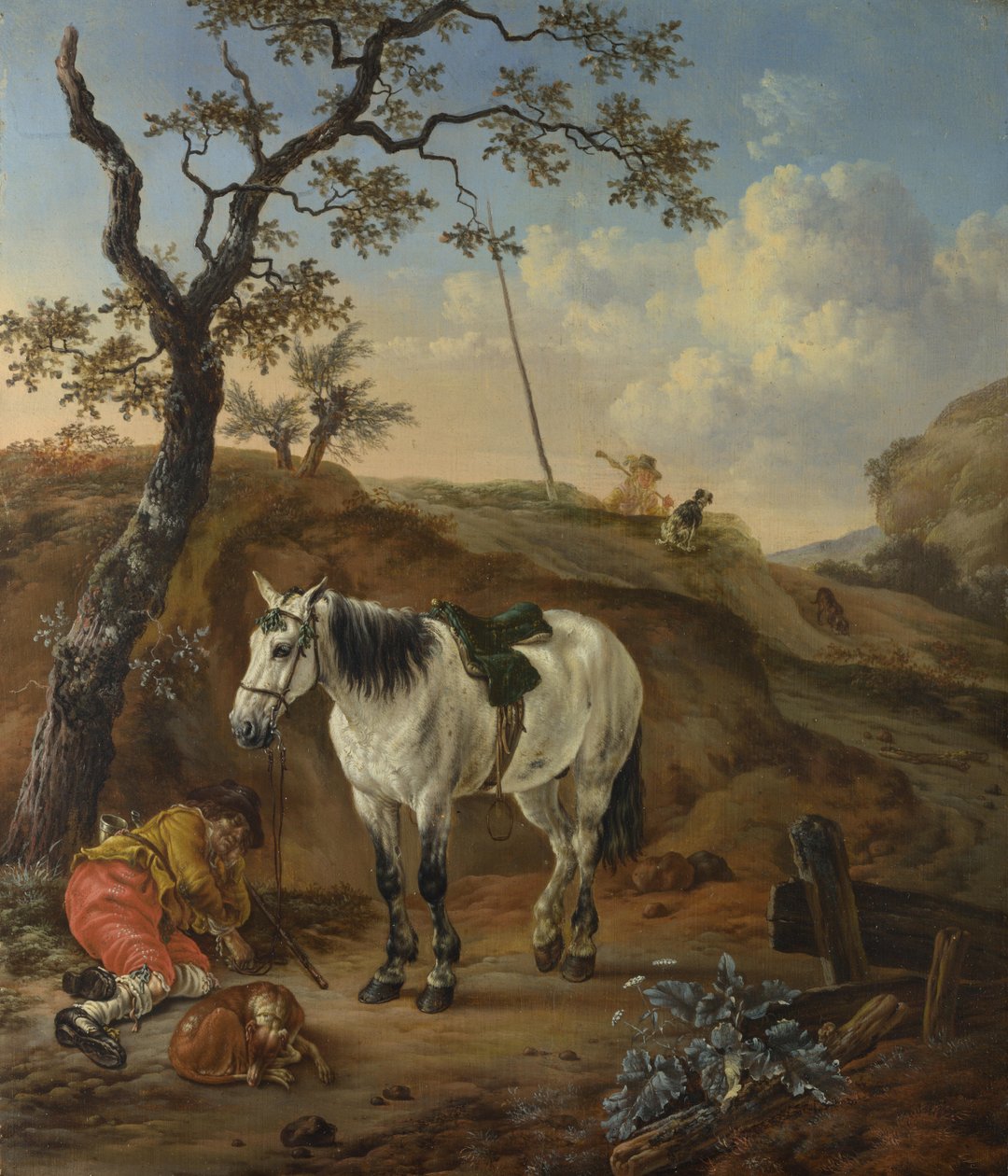Biały koń stojący przy śpiącym człowieku autorstwa Pieter Cornelisz. Verbeeck