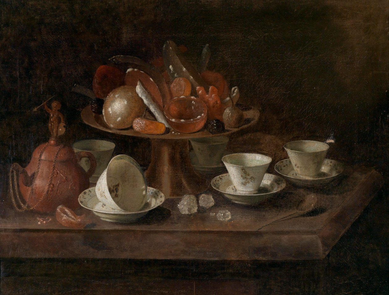 Martwa natura z czekoladowymi kubkami i tazza ze słodyczami autorstwa Pieter Gerritsz. van Roestraten