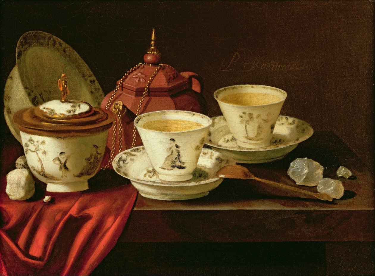Yixing czajniczek i chińska porcelana tete-a-tete na częściowo udrapowanej półce autorstwa Pieter Gerritsz. van Roestraten