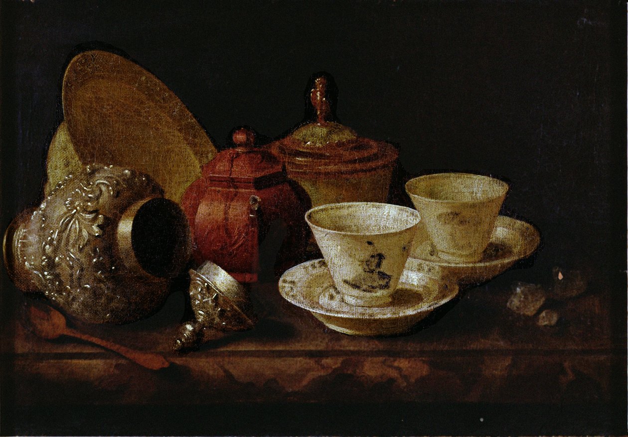 Martwa natura z filiżankami herbaty autorstwa Pieter Gerritsz. van Roestraten