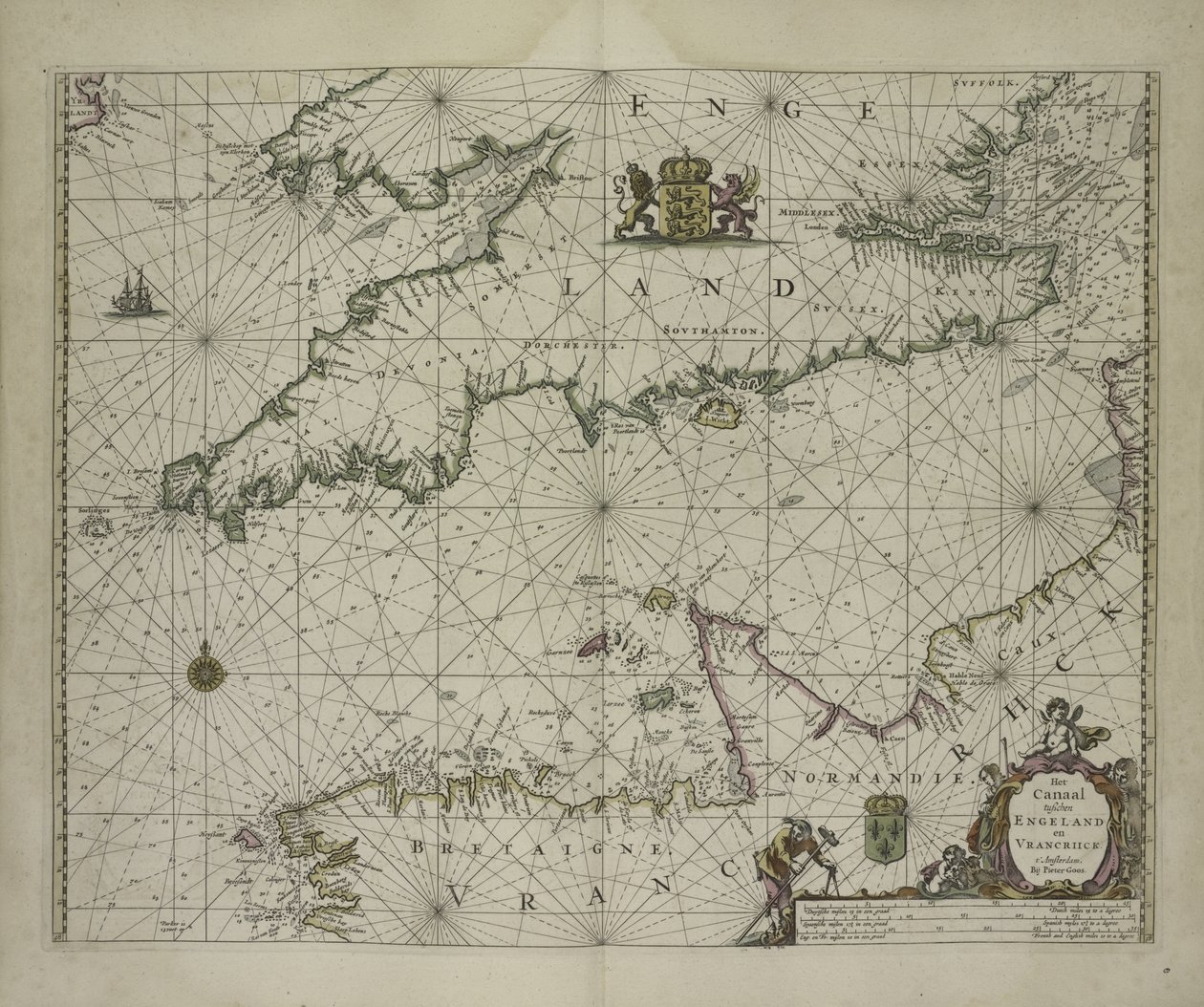 Antyczna mapa Kanału, 1666 (kolorowe grawerowanie) autorstwa Pieter Goos