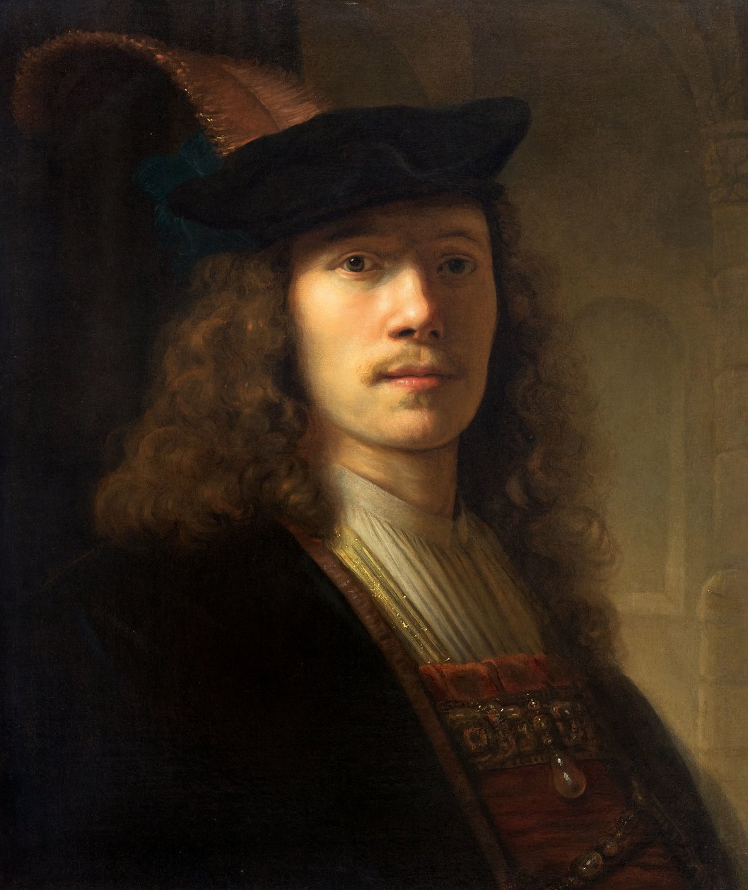 Portret mężczyzny w pierzastym berecie z zacienionymi oczami autorstwa Pieter Hermansz Verelst