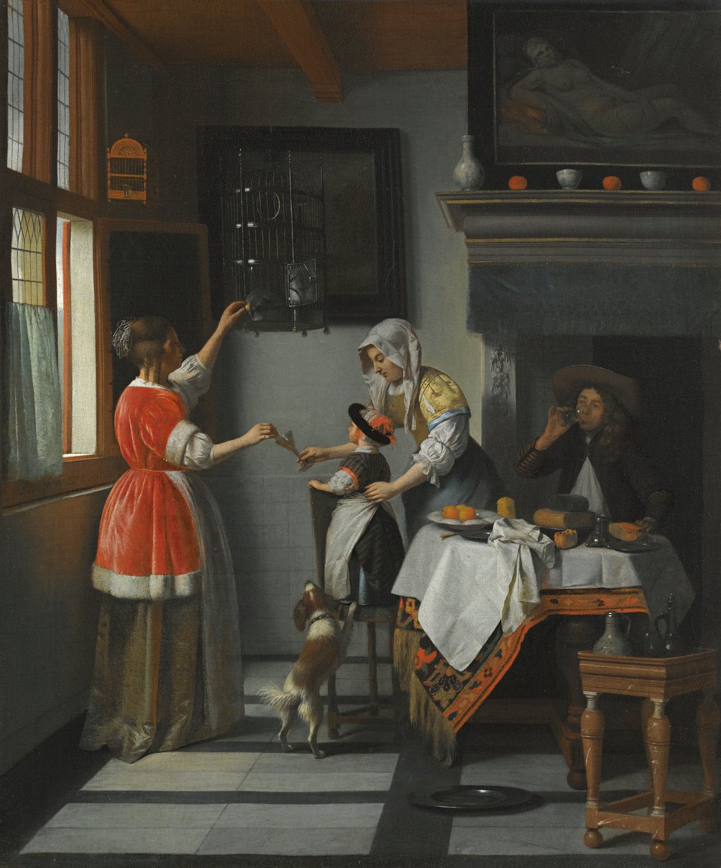 Wnętrze z dzieckiem karmiącym papugę autorstwa Pieter de Hooch