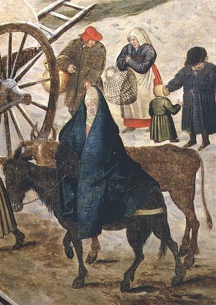 Płacenie dziesięciny lub liczenie w Betlejem, szczegół Dziewicy autorstwa Pieter III Brueghel