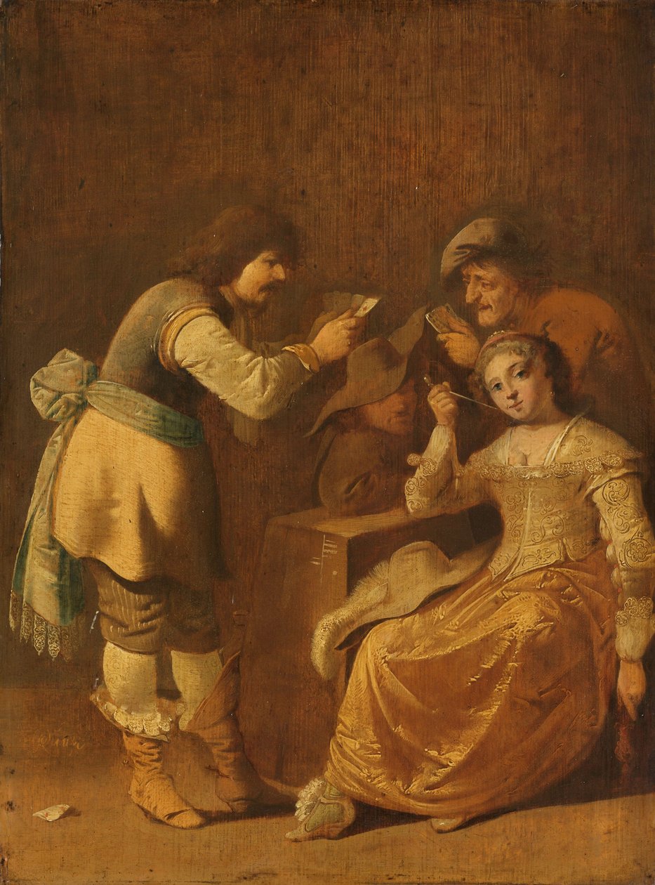 Gracze w karty z kobietą palącą fajkę, 1630-47 autorstwa Pieter Jansz. Quast