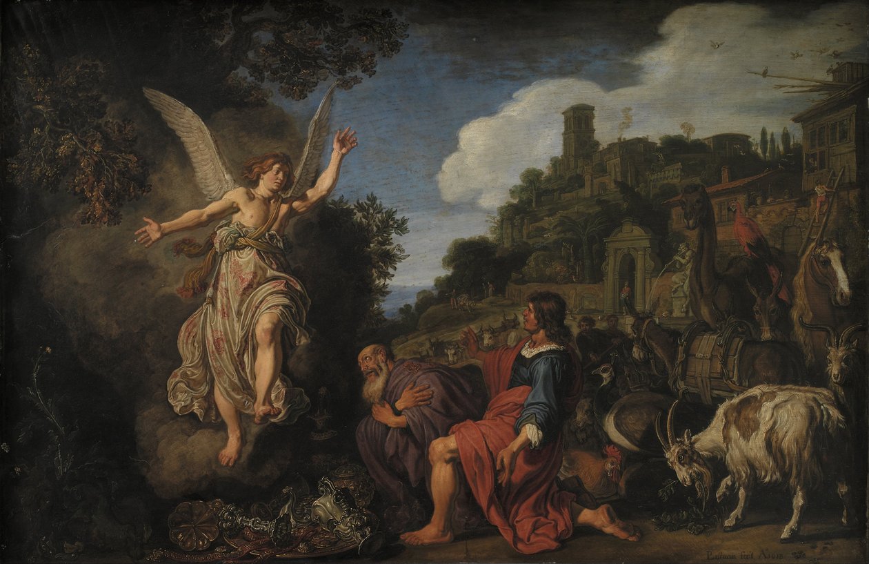Anioł Rafał żegna się ze starym Tobitem i jego synem Tobiaszem autorstwa Pieter Lastman