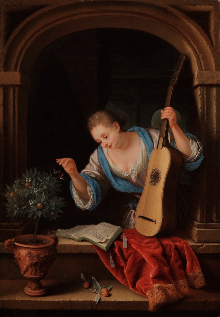 Młoda kobieta z gitarą we wnęce okiennej autorstwa Pieter Leermans