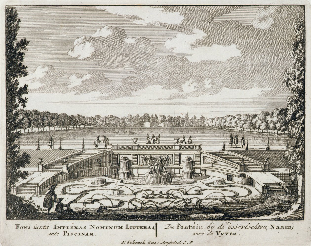 Fontanna i bicze wodne w holenderskim ogrodzie formalnym, z „Admirandorum Quadruplex Spectaculum” Jana van Calla (1656-1703), opublikowane przed 1715 autorstwa Pieter Schenk