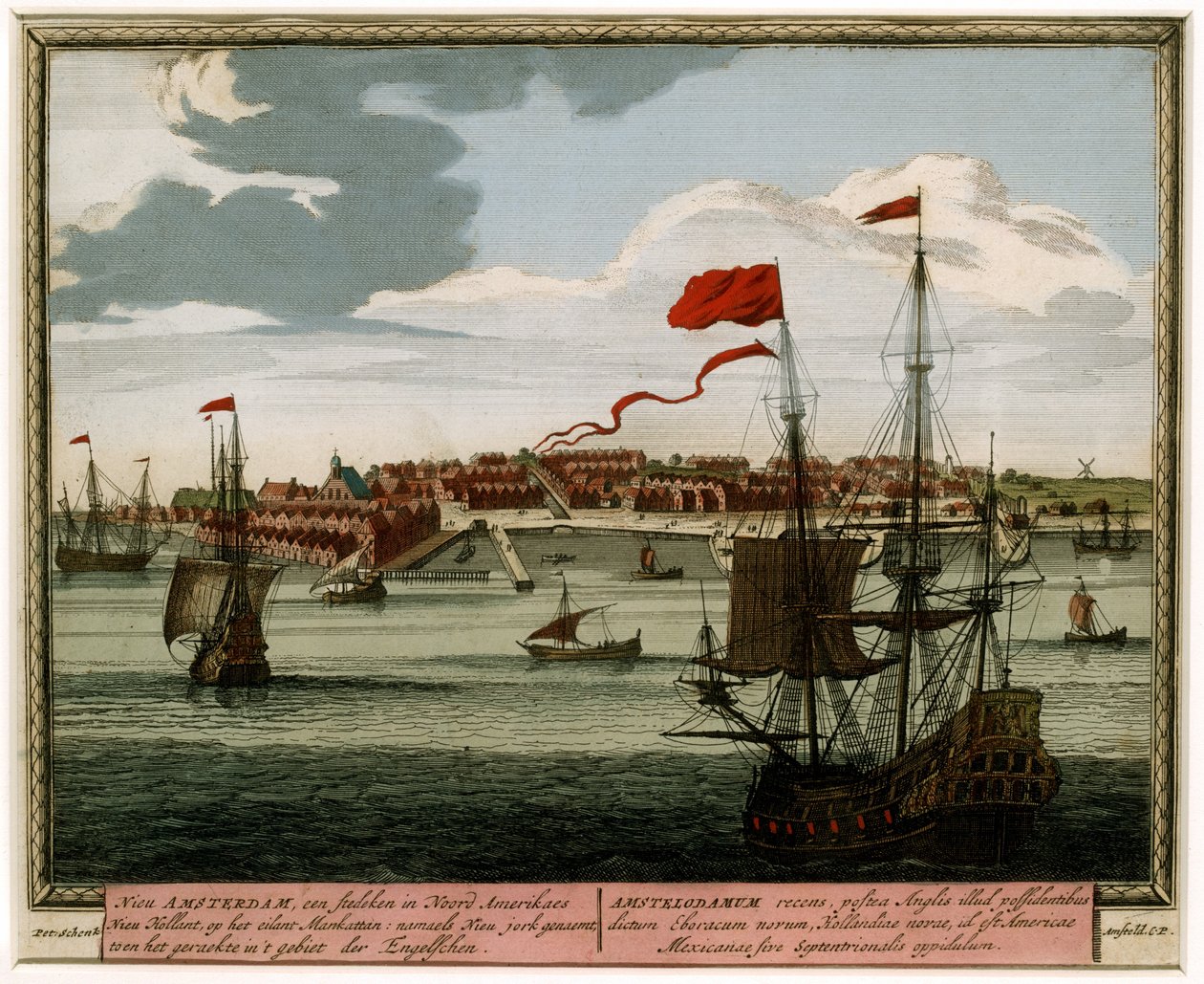 Nowy Amsterdam z wody, 1702 (ręcznie barwiony grawerunek) autorstwa Pieter Schenk