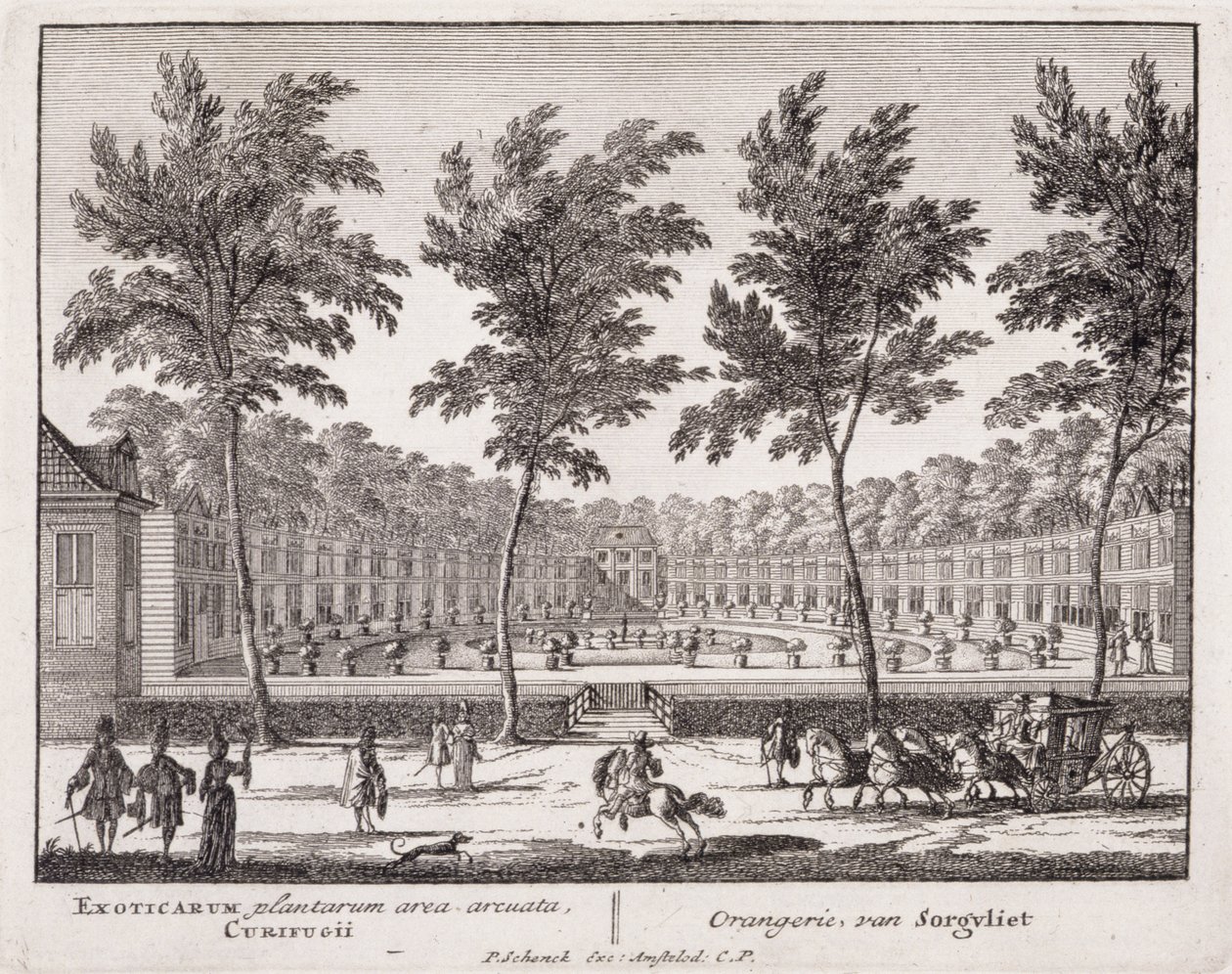 Oranżeria w Sorvgliet, z "Admirandorum Quadruplex Spectaculum", autorstwa Jana van Call (1656-1703), opublikowana przed 1715 r. (zob. także 173851) autorstwa Pieter Schenk