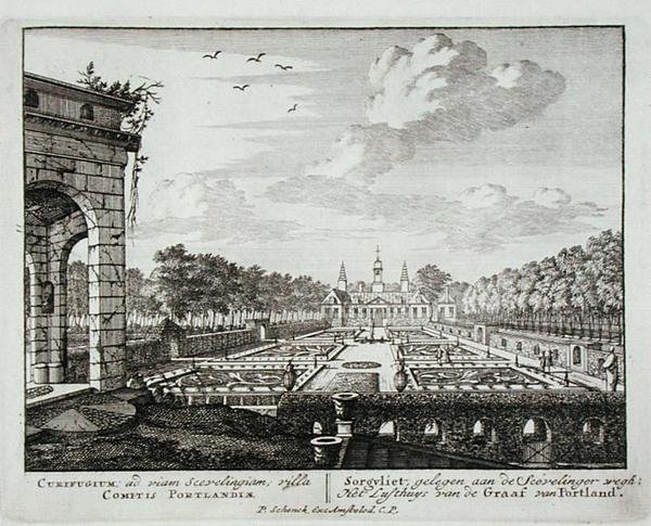 Dom i ogród w Sorgvliet, siedziba Hansa Willema Bentincka (1649-1709), 1. hrabiego Portland, z Admirandorum Quadruplex Spectaculum, autorstwa Jana van Calla (1656-1703), wydanego przed 1715 (engravi autorstwa Pieter Schenk