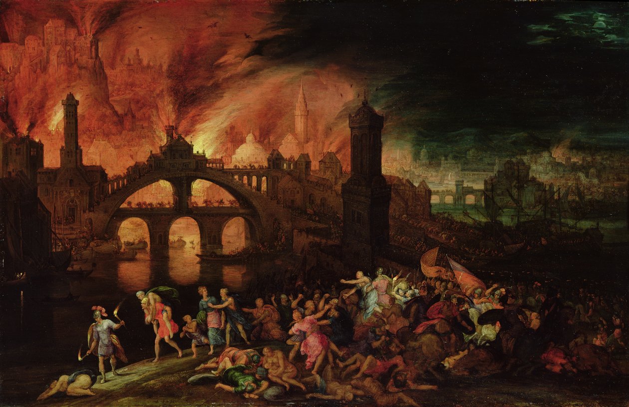 Zniszczenie Troi, 1606 (olej na miedzi) autorstwa Pieter Schoubroeck