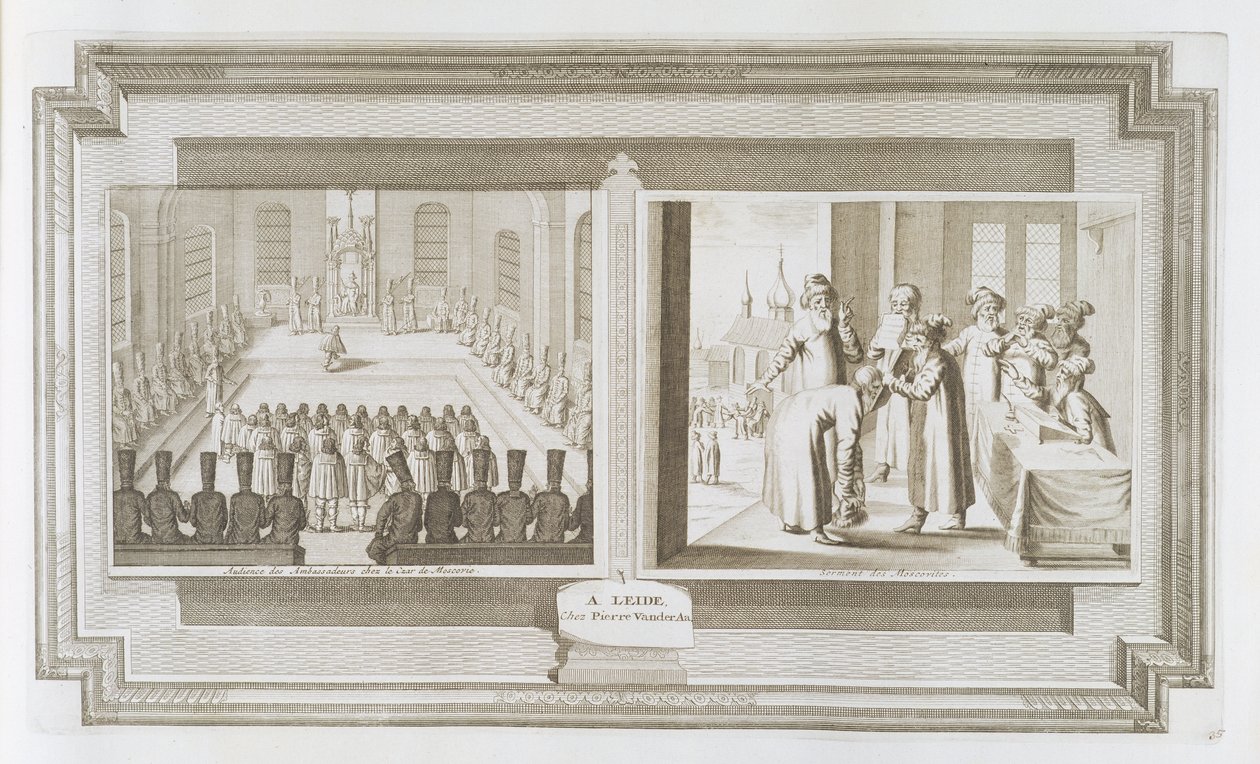 Sceny ukazujące audiencję ambasadorską u cara Rosji i Moskali składających przysięgę, z „La Galerie Agreable du Monde”, 1729 autorstwa Pieter Van der Aa