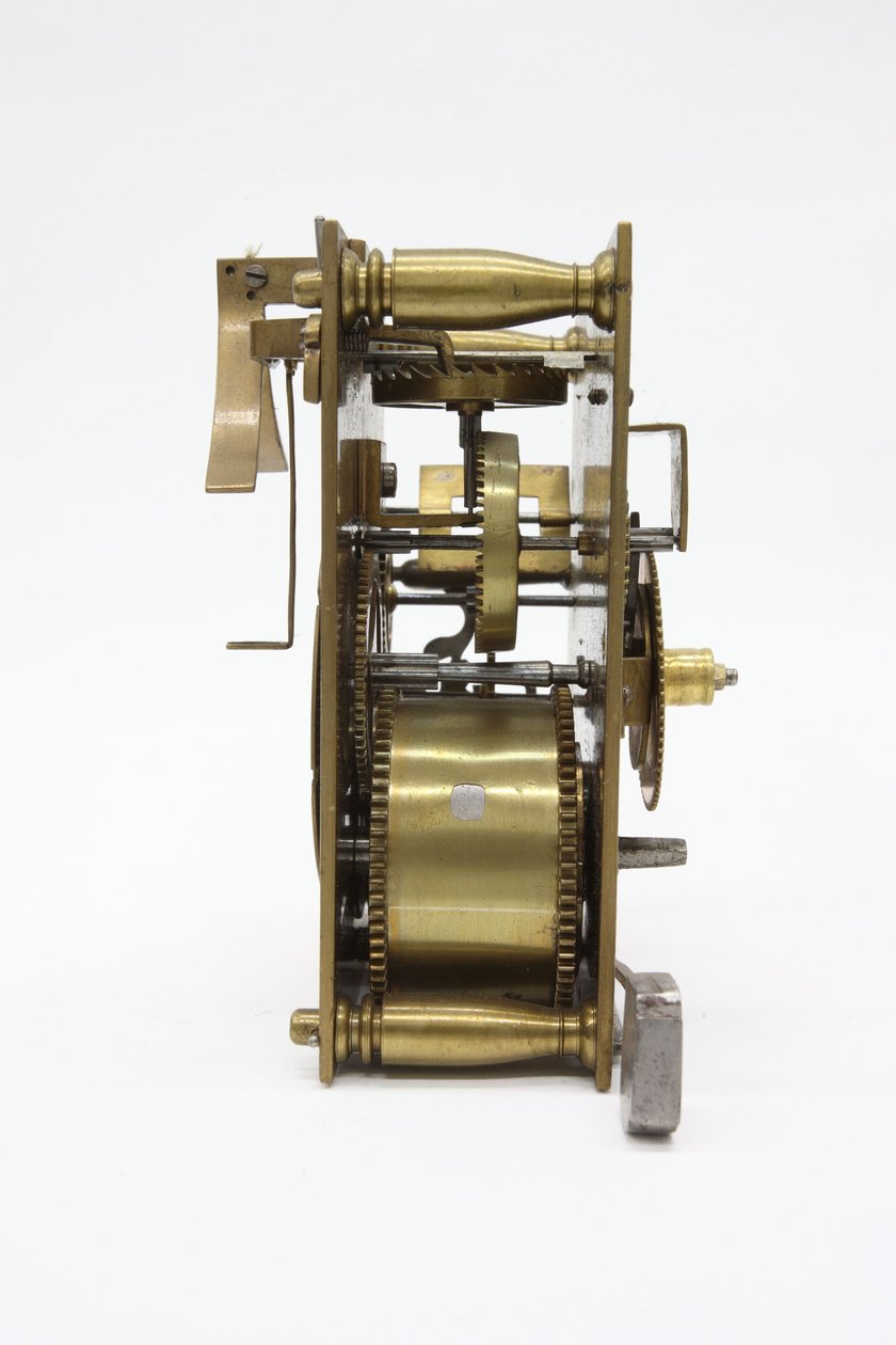 Mechanizm zegara stołowego od lewej, ok. godz. 1660 (drewno i mosiądz) autorstwa Pieter Visbach