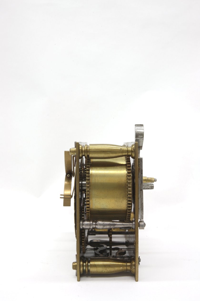 Mechanizm zegara stołowego od spodu, ok. 1660 (drewno i mosiądz) autorstwa Pieter Visbach