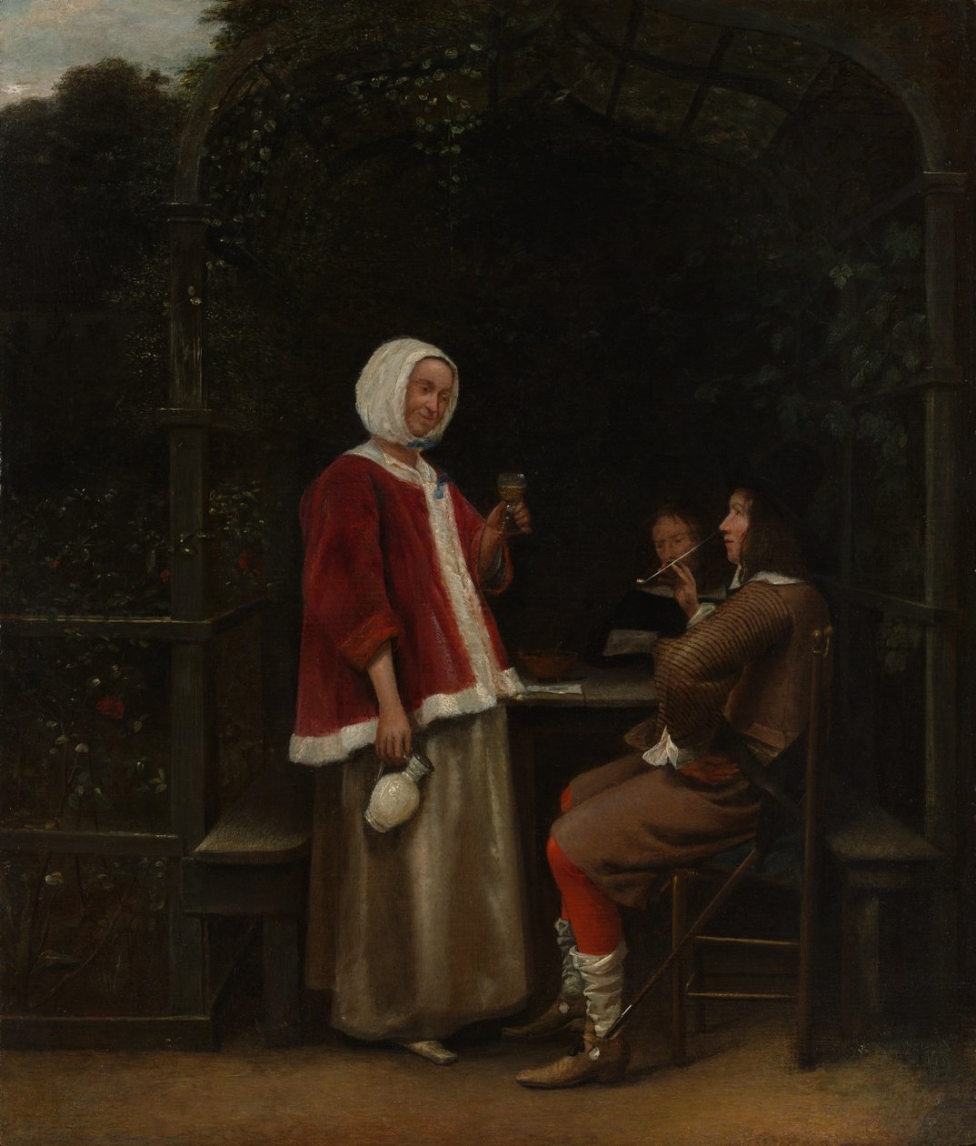 Kobieta i dwóch mężczyzn w altanie autorstwa Pieter de Hooch