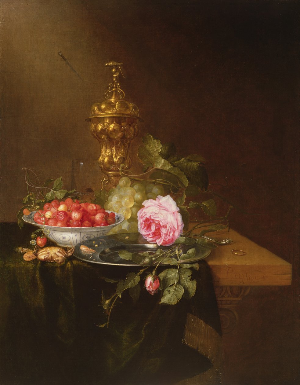 Martwa natura z miską truskawek i różą, 1652 autorstwa Pieter de Ring