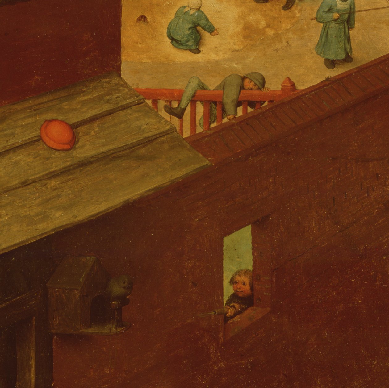 Zabawy dla dzieci, fragment lewej ręki przedstawiający dziecko przeskakujące przez płot i kolejne strzelanie do ptaka, 1560 autorstwa Pieter Bruegel the Elder