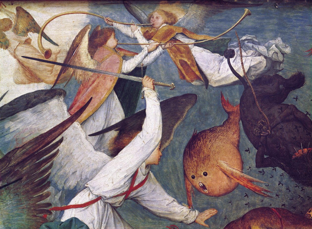 The Fall of the Rebel Angels, szczegóły aniołów walczących i grających muzykę olej na panelu autorstwa Pieter Bruegel the Elder