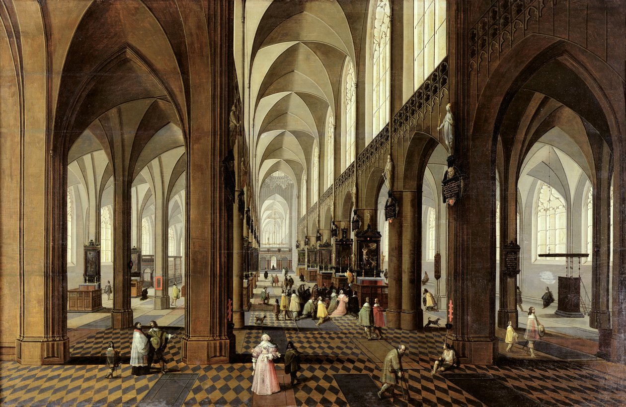 Wnętrze katedry w Antwerpii, ok. 1650 r. autorstwa Pieter the Younger Neeffs