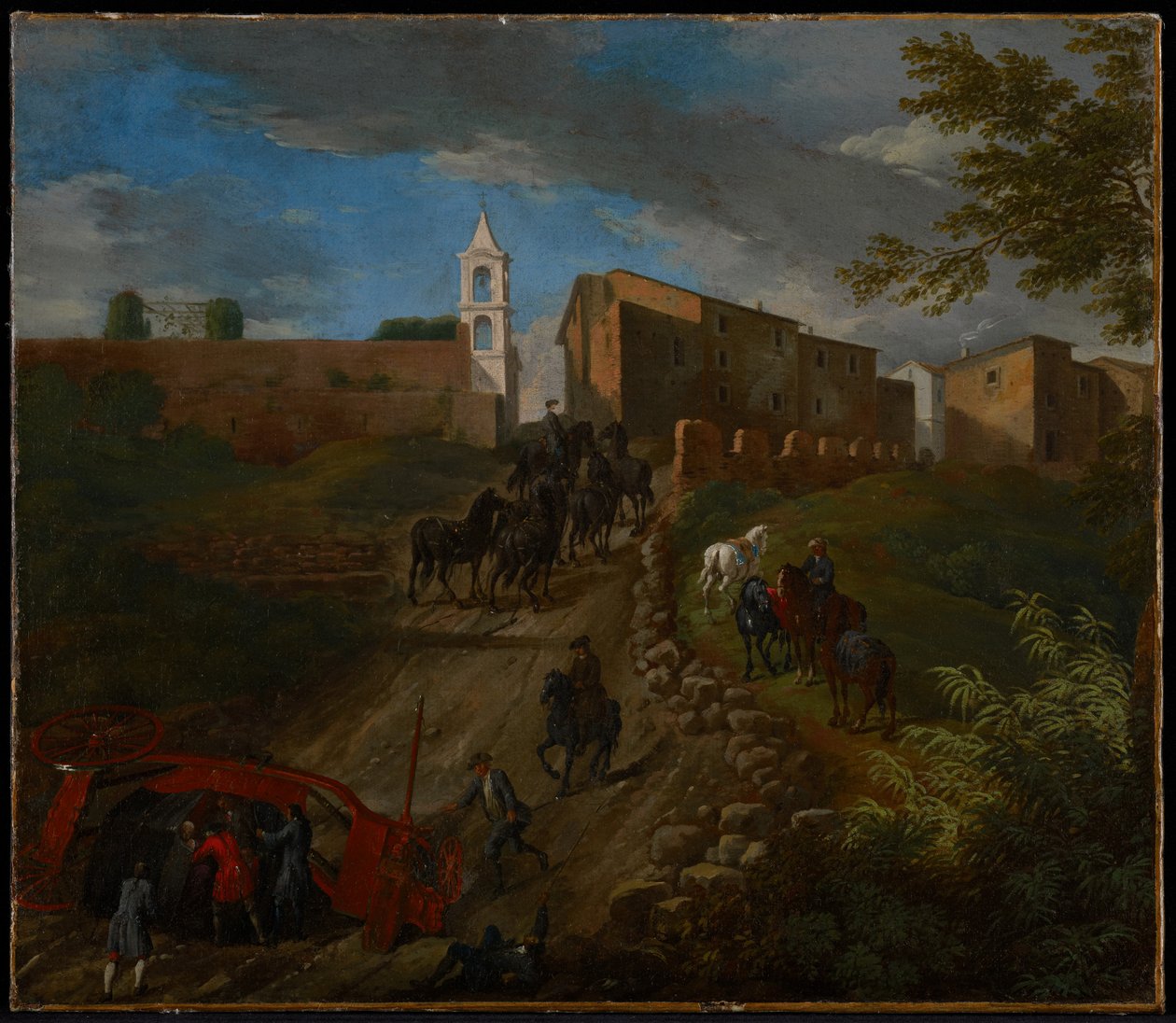Autokar i podróżni w Madonna del Riposo w pobliżu Rzymu autorstwa Pieter van Bloemen