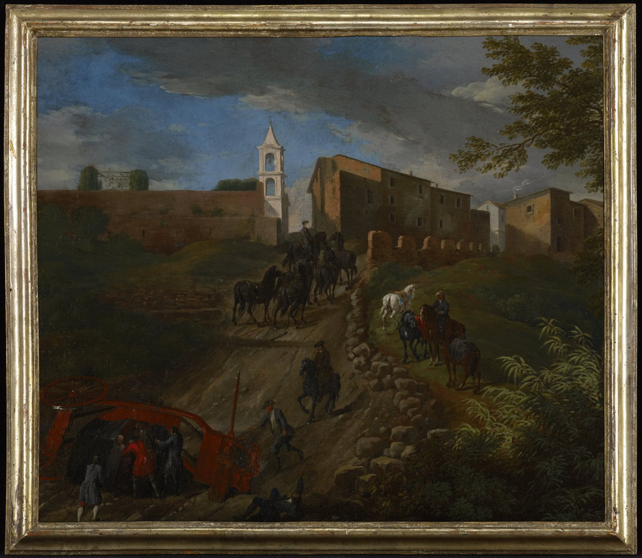 Autokar i podróżni w Madonna del Riposo w pobliżu Rzymu autorstwa Pieter van Bloemen