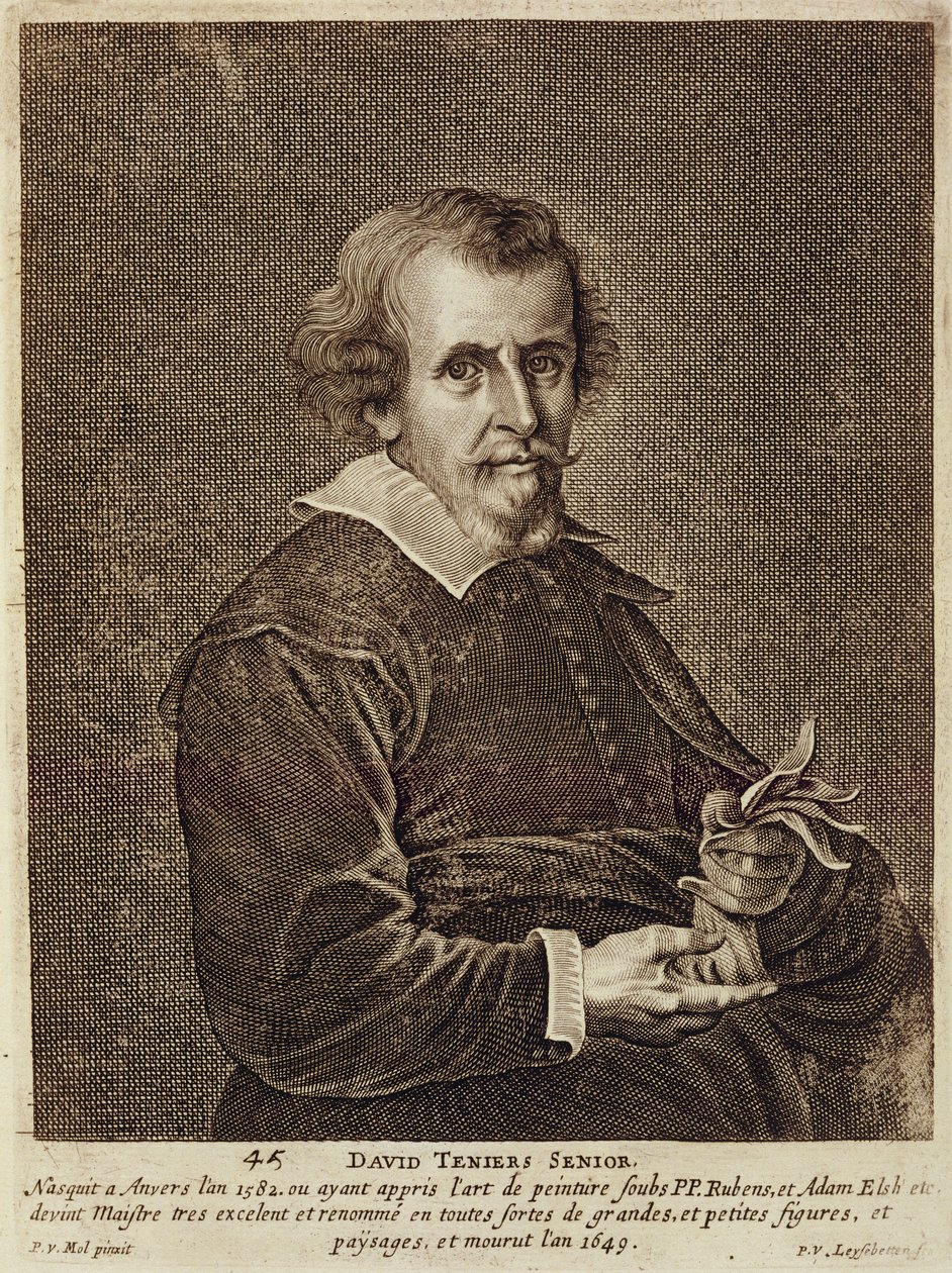 Portret Davida Teniersa I (1582-1649) płyta 45 z serii portretów artystów, sztychowana przez Petera van Leysebetten (1630-c.1678) autorstwa Pieter van Mol