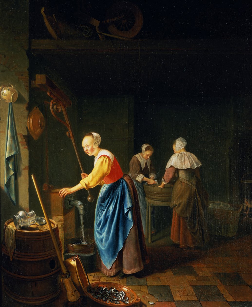Scena kuchenna z pokojówką czerpiącą wodę ze studni autorstwa Pieter Cornelisz van Slingelandt
