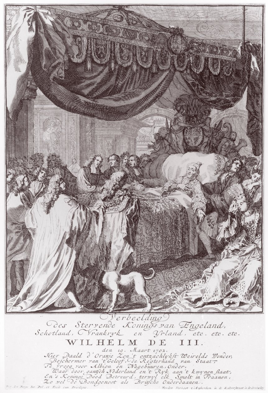 Wilhelm III (1650-1702) na łożu śmierci, ryty przez artystę autorstwa Pieter van den Berge