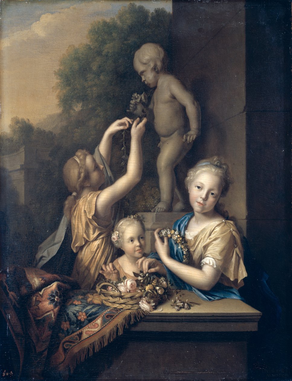Trzy dziewczyny poświęcają kwiaty Amorowi, 1710 autorstwa Pieter van der Werff