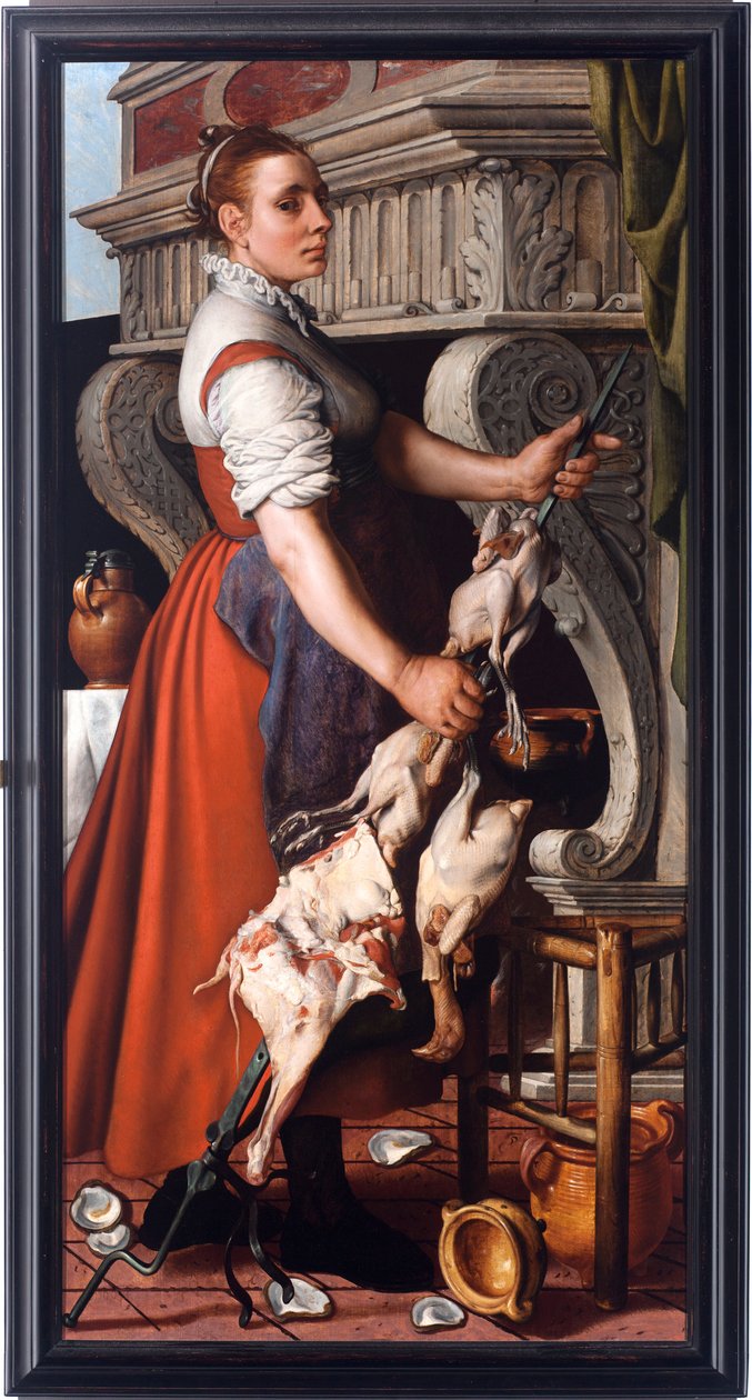 Kuchenka (Kuchenka) Młoda kobieta haftująca drób na rożnie od kominka - Obraz Pietera Aertsena (1508-1575) 1559 Wymiary 165x85 cm Genes, Musei di Strada Nuova (ex Palazzo Bianco) autorstwa Pieter Aertsen