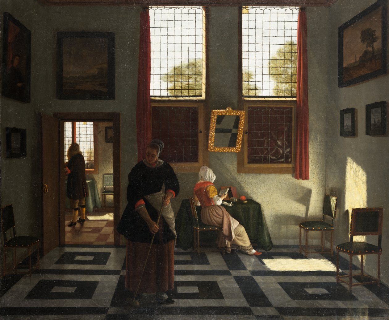 Wnętrze z malarzem, czytającą kobietą i zamiatającą służącą, ok. 1665-70 (olej na płótnie) autorstwa Pieter (1623 82) Janssens