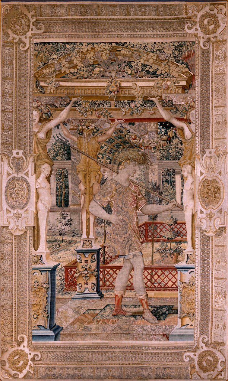 Flamandzki gobelin. Seria Vertumnus i Pomona.Vertumnus przekształciła się w rolnika. Drugi gobelin w serii. Lewa część transformacji Daphne. Model Koło Pietera Coecke van Aelsta. Manufaktura Wilhelm Pannemaker, Bruksela. Około 1545-1550. Fabry autorstwa Pieter (circle of) Coecke van Aelst