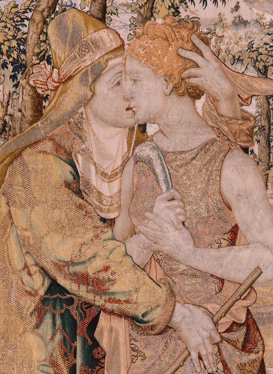 Flamandzki gobelin. Seria Vertumnus i Pomona. Vertumnus całuje Pomona. Siódmy gobelin w serii. Model Koło Pietera Coecke van Aelsta. Manufaktura Wilhelm Pannemaker, Bruksela. Około 1545-1550. Tkanina Złoto, srebro, jedwab i wełna. Rozmiar 430 x 365 cm. autorstwa Pieter (circle of) Coecke van Aelst