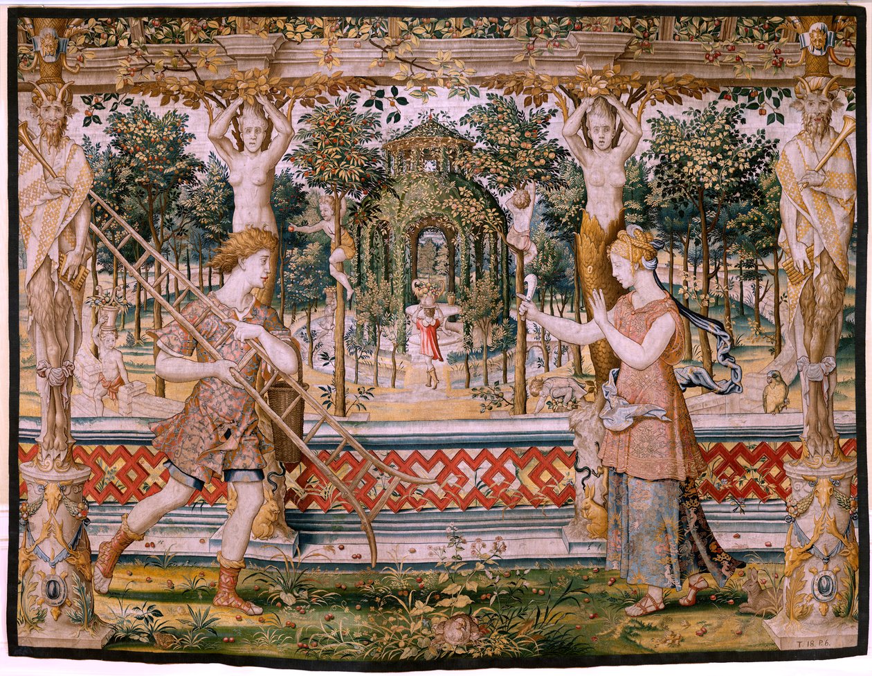 Flamandzki gobelin. Seria Vertumnus i Pomona; Vertumnus przekształcony w ogrodnika (Vertumno transformado en jardinero). Piąty gobelin z serii. Model Circle Pietera Coecke Van Aelsta i Leonarda Thiry. Manufaktura Nieznany warsztat, Bruksela, przed autorstwa Pieter (circle of) Coecke van Aelst