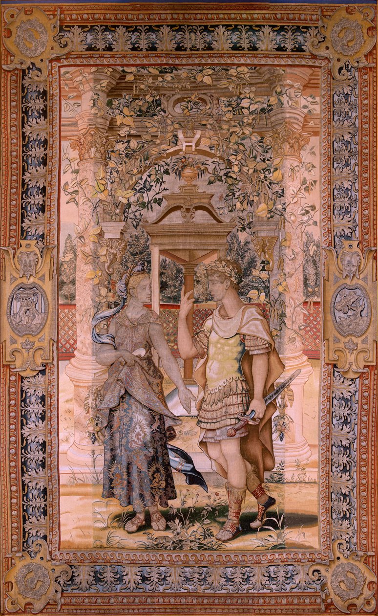 Flamandzki gobelin. Seria Vertumnus i Pomona. Vertumnus przemienił się w wojownika. Czwarty gobelin w serii. Model Koło Pietera Coecke van Aelsta. Manufaktura Wilhelm Pannemaker, Bruksela. Ca1545-1550. Tkanina Złoto, srebro, jedwab i wełna. Rozmiar 425 autorstwa Pieter (circle of) Coecke van Aelst