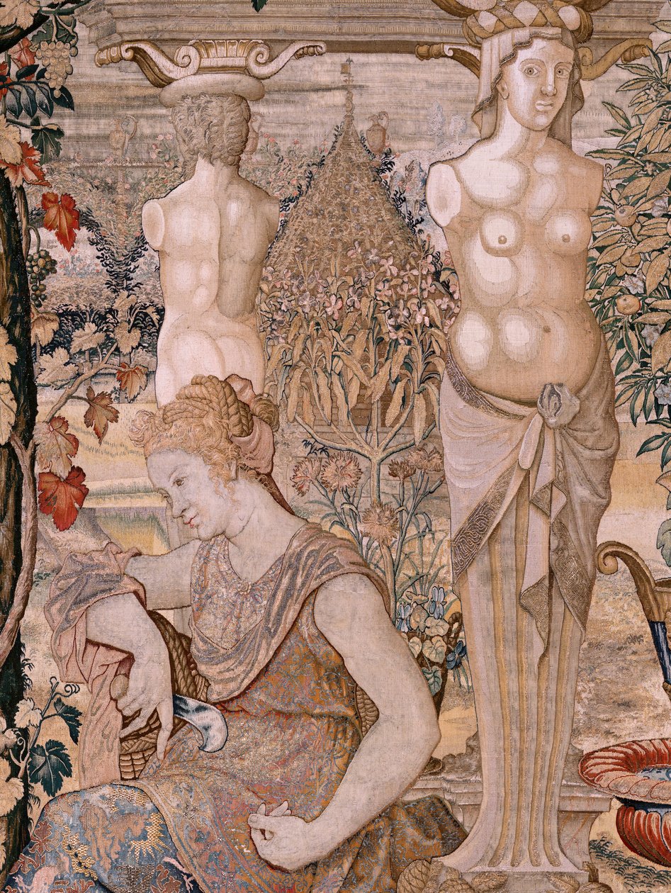 Flamandzki gobelin. Seria Vertumnus i Pomona. Vertumnus przemienił się w starą kobietę. Vertumnus przemienił się w starą kobietę. Szósty gobelin w serii. Model Koło Pietera Coecke van Aelsta. Manufaktura Wilhelm Pannemaker, Bruksela. Około 1545-1550. autorstwa Pieter (circle of) Coecke van Aelst