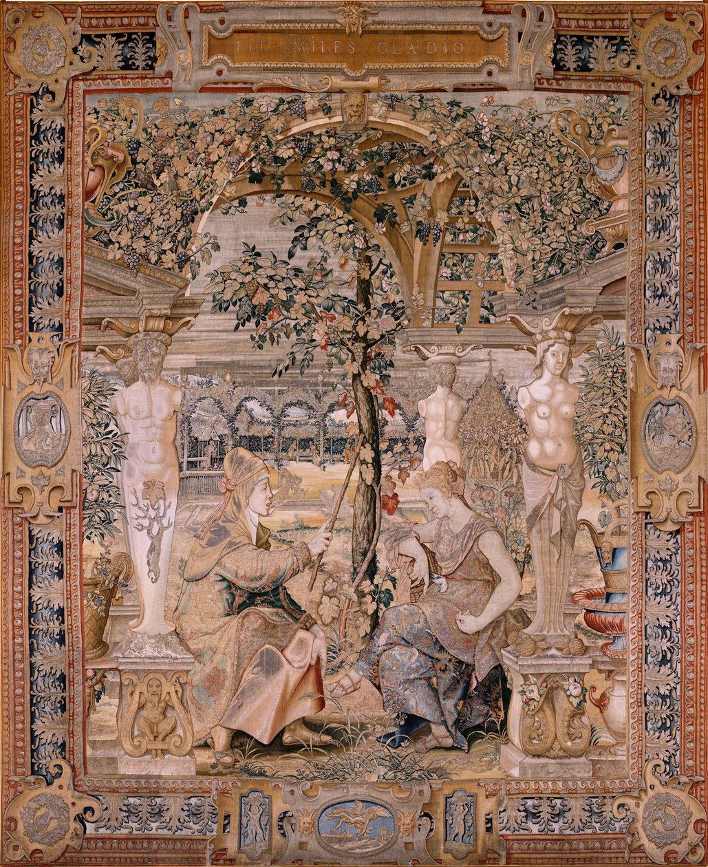 Flamandzki gobelin. Seria Vertumnus i Pomona. Vertumnus przemienił się w starą kobietę. Vertumnus przemienił się w starą kobietę. Szósty gobelin w serii. Model Koło Pietera Coecke van Aelsta. Manufaktura Wilhelm Pannemaker, Bruksela. Ca1545-1550. F autorstwa Pieter (circle of) Coecke van Aelst